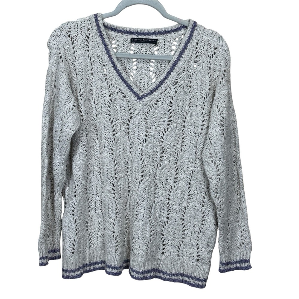 Peruvian Connection Sweater Women's SZ M Pima Cotton V-Neck Pullover LS Ivory